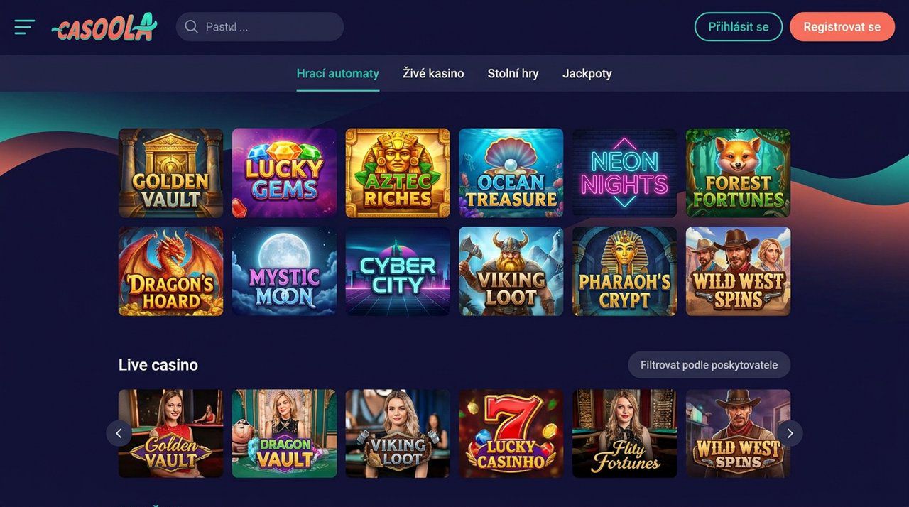 Ukázka hlavní stránky online casina Casoola s nabídkou automatů a živého kasina