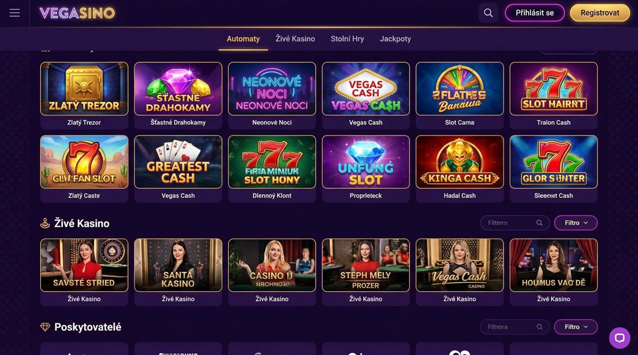 Úvodní stránka online casina Vegasino s nabídkou automatů a živého kasina