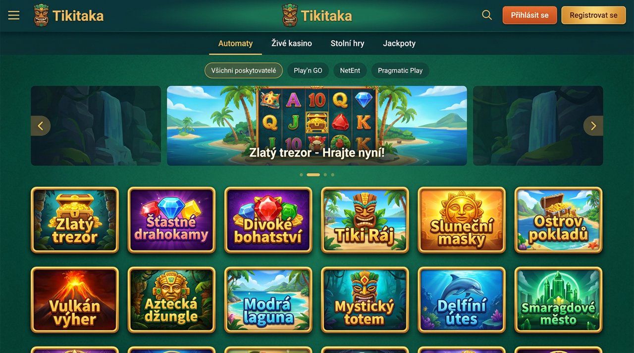 Úvodní stránka online casina Tikitaka s nabídkou automatů, živého casina a stolních her