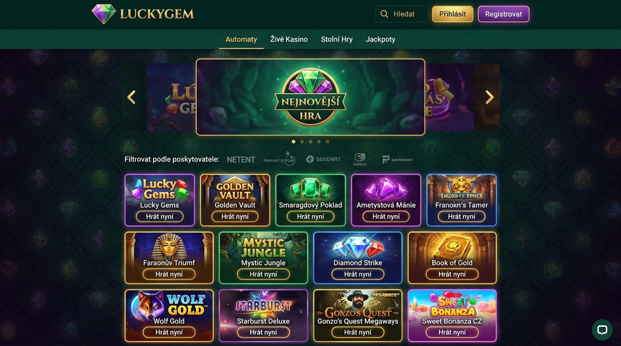 Ukázka úvodní stránky online casina Luckygem s nabídkou automatů a živého kasina