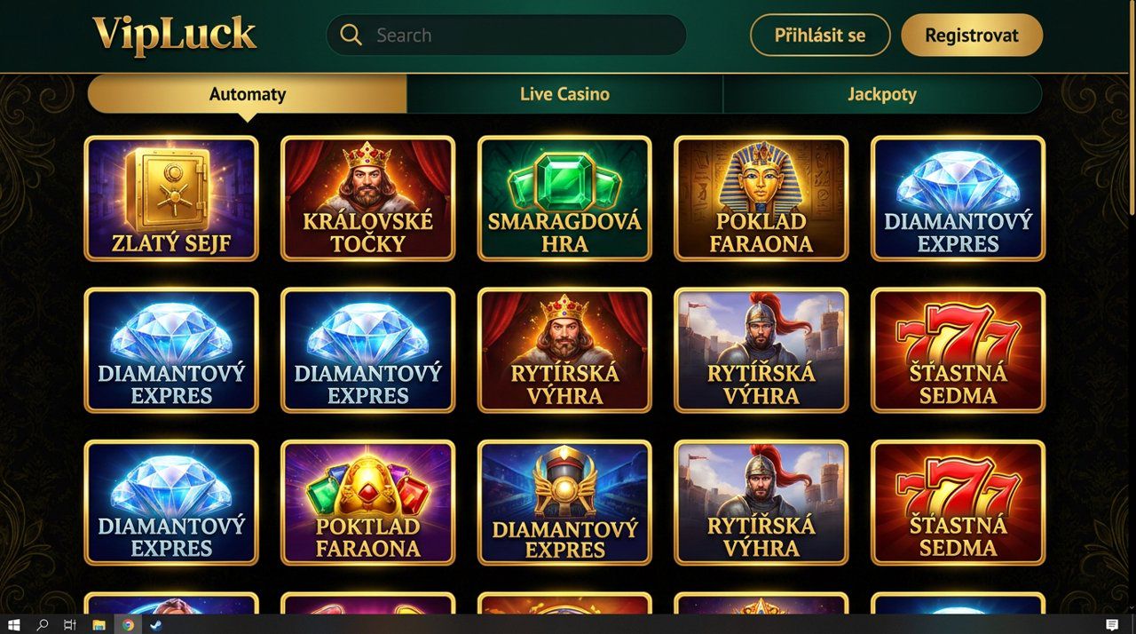 Úvodní stránka online casina VIPLuck s nabídkou automatů, živého kasina a jackpotů