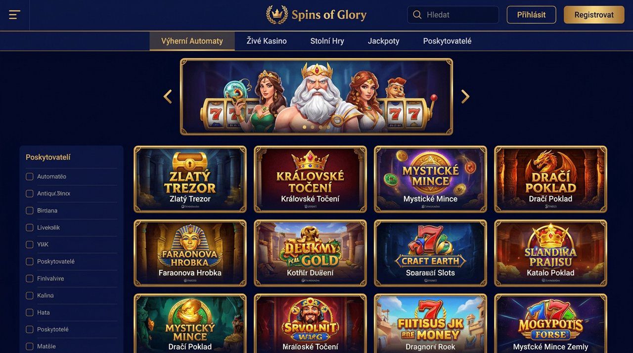 Úvodní stránka online casina Spins of Glory s nabídkou automatů a herními kategoriemi